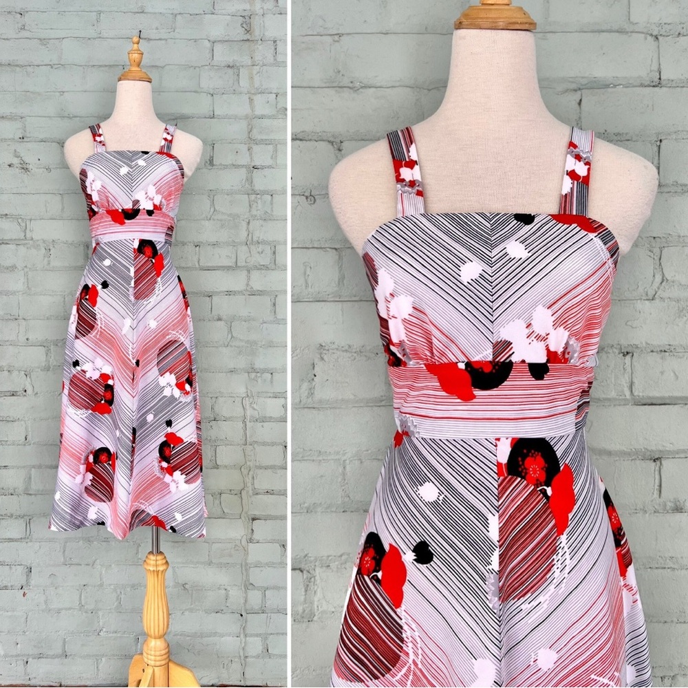 Vintage 70s Floral Spaghetti Strap Dress - Midi Length Novelty Stripe Print
